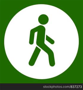Pedestrians only road sign icon white isolated on green background. Vector illustration. Pedestrians only road sign icon green