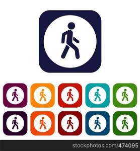 Pedestrians only road sign icons set vector illustration in flat style In colors red, blue, green and other. Pedestrians only road sign icons set