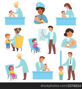 Pediatric baby examination. Kids healthcare. Cute children at doctors appointment. Physician or nurse with stethoscope conduct routine checkup. Pediatrician consultation. Vector medical procedures set. Pediatric baby examination. Kids healthcare. Children at doctors appointment. Physician or nurse with stethoscope conduct checkup. Pediatrician consultation. Vector medical procedures set