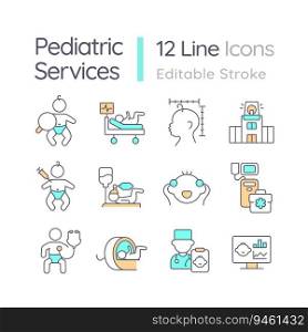 Pediatric care RGB color icons set. Medical service. Child development. Childcare center. Family insurance. Isolated vector illustrations. Simple filled line drawings collection. Editable stroke. Pediatric care RGB color icons set