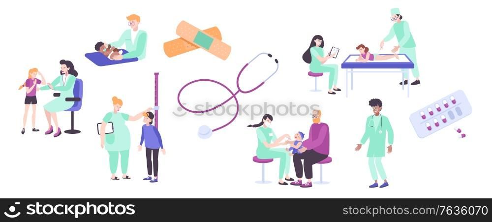 Pediatric checkup set of flat icons and isolated images of medical supplies and doctors with patients vector illustration. Pediatric Checkup Icon Set