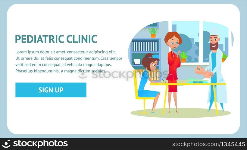 Pediatric Clinic Checkup Banner. Childcare Nurse and Healthy Neonate at Pediatric Examination. Flat Cartoon Illustration. Pediatrician Doctor Specialist in Hospital Office. Healthcare Diagnosis.. Pediatric Clinic Checkup Banner. Weighing Baby.