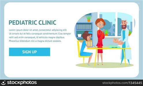 Pediatric Clinic Checkup Banner. Childcare Nurse and Healthy Neonate at Pediatric Examination. Flat Cartoon Illustration. Pediatrician Doctor Specialist in Hospital Office. Healthcare Diagnosis.. Pediatric Clinic Checkup Banner. Weighing Baby.