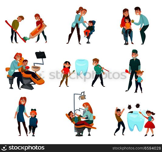 Pediatric dentist icons set with kids and medical treatment symbols flat isolated vector illustration. Pediatric Dentist Icons Set