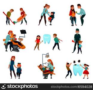 Pediatric dentist icons set with kids and medical treatment symbols flat isolated vector illustration. Pediatric Dentist Icons Set