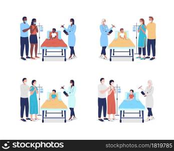 Pediatric emergency room semi flat color vector characters set. Full body people on white. Treating ill, trauma patients isolated modern cartoon style illustration for graphic design and animation. Pediatric emergency room semi flat color vector characters set