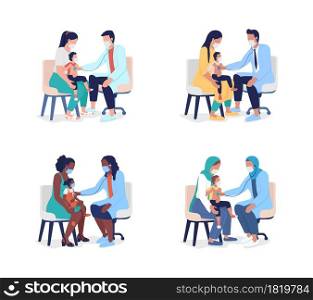 Pediatric examination semi flat color vector characters set. Full body people on white. Family physician examining child isolated modern cartoon style illustration for graphic design and animation. Pediatric examination semi flat color vector characters set