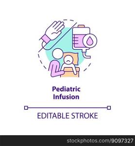 Pediatric infusion concept icon. Intravenous injection. Home health care for kid abstract idea thin line illustration. Isolated outline drawing. Editable stroke. Arial, Myriad Pro-Bold fonts used. Pediatric infusion concept icon