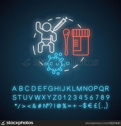 Pediatric pharmacy neon light concept icon. Children medication idea. Vaccination and illness medicine for babies. Glowing sign with alphabet, numbers and symbols. Vector isolated illustration
