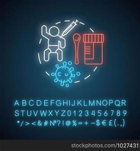 Pediatric pharmacy neon light concept icon. Children medication idea. Vaccination and illness medicine for babies. Glowing sign with alphabet, numbers and symbols. Vector isolated illustration