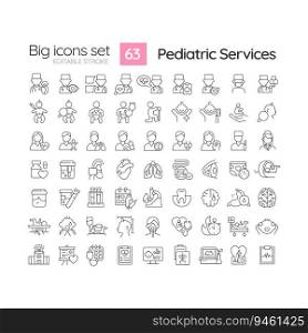 Pediatric services linear icons set. Child care. Young patient. Childhood illness. Medical examination. Customizable thin line symbols. Isolated vector outline illustrations. Editable stroke. Pediatric services linear icons set