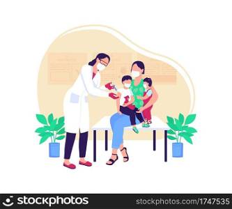 Pediatric vaccine flat concept vector illustration. Disease treatment. Hospital visit. Doctor and mother with children 2D cartoon characters for web design. Covid vaccination creative idea. Pediatric vaccine flat concept vector illustration