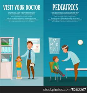 Pediatrician And Kid Vertical Banners. Pediatrician and kid vertical cartoon banners with measuring of height and examination of throat isolated vector illustration