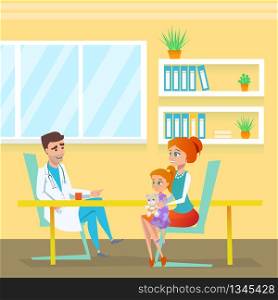 Pediatrician Appointment in Hospital Cabinet. Doctor Man Character Talking with Red Head Mom and Cute Girl Kid. Therapy and Diagnosis Department. Pediatric Examination Room Flat Illustration.. Pediatrician Doc Appointment in Hospital Cabinet