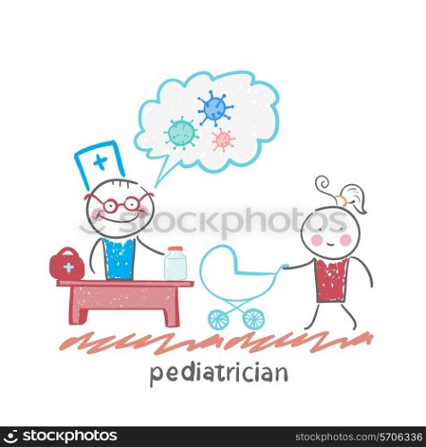 pediatrician at work listening to her mother with a baby in a stroller