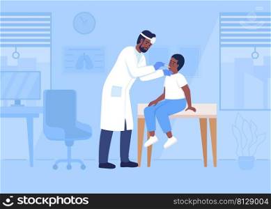 Pediatrician checking sore throat of little boy flat color vector illustration. Doctor and patient during appointment 2D simple cartoon characters with medical office interior on background. Pediatrician checking sore throat of little boy flat color vector illustration