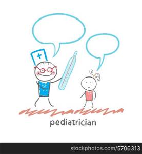 pediatrician checks the child&#39;s temperature. Fun cartoon style illustration. The situation of life.