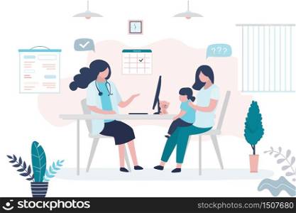 Pediatrician doctor and patient talking. Mother with daughter and female medical specialist or nurse. Health care, medical consultation background. Clinic room interior. Vector illustration