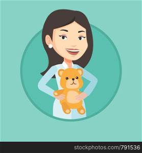 Pediatrician doctor holding a teddy bear. Pediatrician doctor standing with a teddy bear. Caucasian pediatrician in medical gown. Vector flat design illustration in the circle isolated on background.. Pediatrician doctor holding teddy bear.