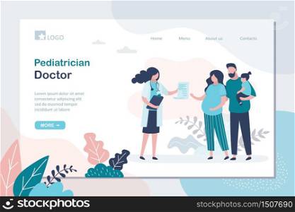 Pediatrician doctor landing page template.Family consults with family doctor.Pregnant woman and husband holding daughter. Medical worker gives a prescription. Health care web concept. Vector