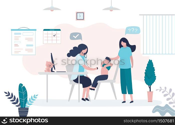 Pediatrician doctor listens to a child boy with stethoscope. Mother with son and female medical specialist or nurse. Health care, medical consultation background. Clinic room interior. Vector illustration