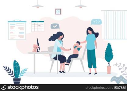 Pediatrician doctor listens to a child boy with stethoscope. Mother with son and female medical specialist or nurse. Health care, medical consultation background. Clinic room interior. Vector illustration