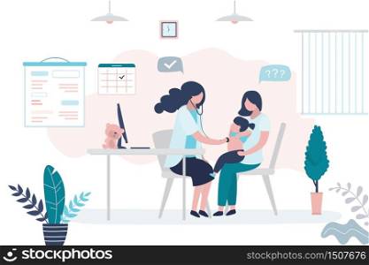 Pediatrician doctor listens to a child girl with stethoscope. Mother with daughter and female medical specialist or nurse. Health care, medical consultation background. Clinic room interior. Vector illustration