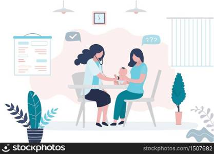 Pediatrician doctor listens to a child with stethoscope. Mother holding infant baby and female medical specialist or nurse. Health care, medical consultation background. Clinic room interior. Vector illustration