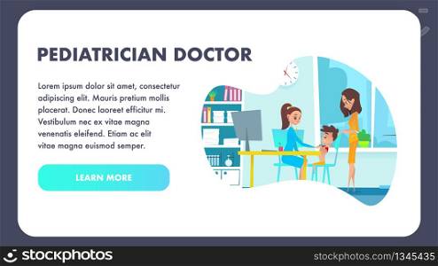 Pediatrician Doctor Specialist in Hospital Cabinet Examining Sick Kid with Stethoscope. Flat Cartoon Illustration of Mom and Boy in Pediatric Office Checkup Waiting for Medical Treatment.. Pediatrician Doctor Specialist. Hospital Cabinet.