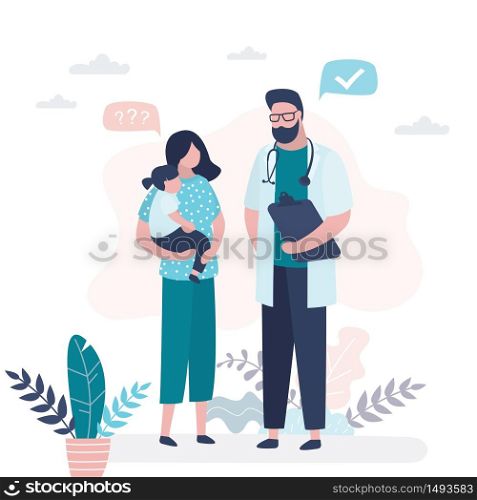 Pediatrician doctor talking to patients. Mother with daughter and male medical specialist or nurse. Health care, medicine consultation background. Trendy style vector illustration