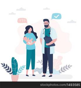 Pediatrician doctor talking to woman. Mother with infant baby on hands and male medical specialist. Health care, childhood and medicine consultation background. Trendy style vector illustration