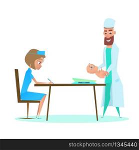 Pediatrician Doctor Weighing Infant in Childcare Clinic with Nurse. Flat Cartoon Illustration. Postpartum Neonate Examination with Pediatrician Man Specialist. Healthy Child Kid Checkup.. Pediatrician Doctor Weighing Infant. Flat Cartoon.