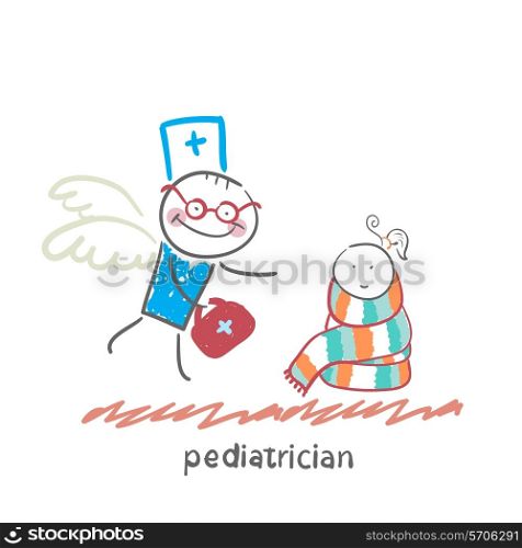 pediatrician flies to a sick child. Fun cartoon style illustration. The situation of life.