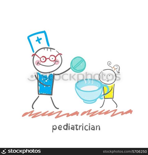 pediatrician gives the tablet in a cup of baby
