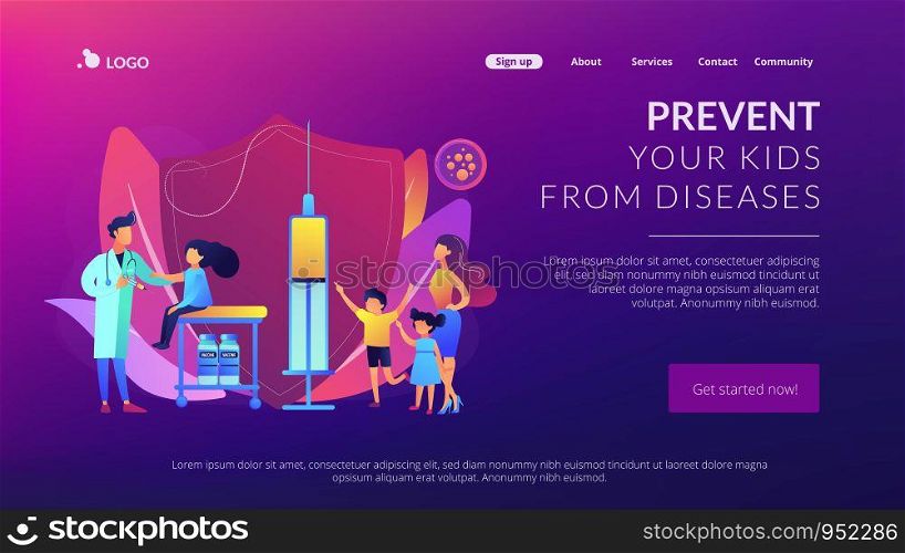 Pediatrician giving girl injection. Vaccination of preteens and teens, older children immunization, prevent your kids from diseases concept. Website homepage landing web page template.. Vaccination of preteens and teens concept landing page.