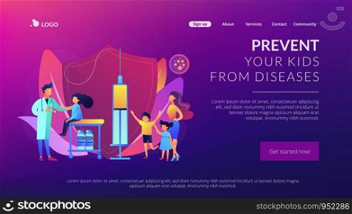 Pediatrician giving girl injection. Vaccination of preteens and teens, older children immunization, prevent your kids from diseases concept. Website homepage landing web page template.. Vaccination of preteens and teens concept landing page.