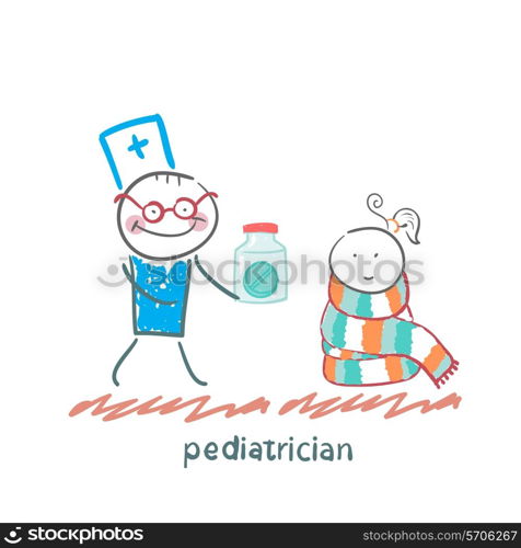 pediatrician giving medicine to a child. Fun cartoon style illustration. The situation of life.