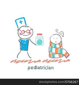 pediatrician giving medicine to a child. Fun cartoon style illustration. The situation of life.