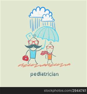 pediatrician holding an umbrella over the child in the rain