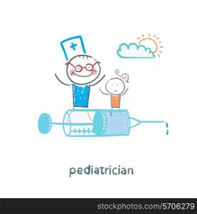 pediatrician is flying on a syringe with a sick child