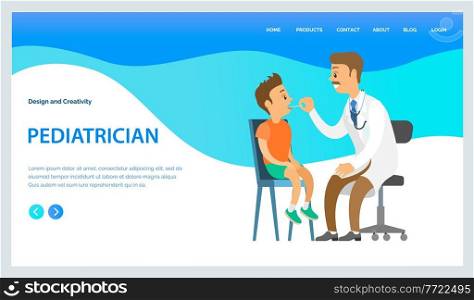 Pediatrician looks at the throat of a small boy with a special device landing page template. Doctor examines ill child in hospital. Cartoon male character physician works at clinic heals children. Pediatrician looks at the throat of a small boy with a special device landing page template