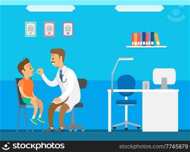 Pediatrician looks at the throat of a small boy with a special device heals the larynx of a child. Doctor examines ill kid in hospital. Cartoon male character physician works at clinic heals children. Pediatrician looks at the throat of a small boy with a special device heals the larynx of a child