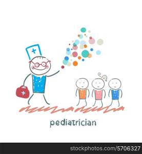 pediatrician shows children miracle. Fun cartoon style illustration. The situation of life.