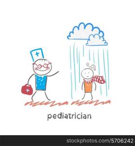 pediatrician talking to a sick child in the rain