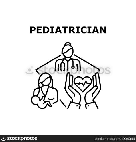 Pediatrician Vector Icon Concept. Pediatrician Doctor Female Consultation Young Mother And Examining Newborn Baby Health. Medicine Professional Analysis And Treatment Black Illustration. Pediatrician Vector Concept Black Illustration