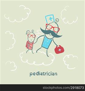 pediatrician with baby runs on clouds