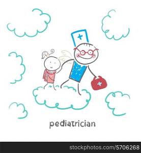 pediatrician with baby runs on clouds. Fun cartoon style illustration. The situation of life.