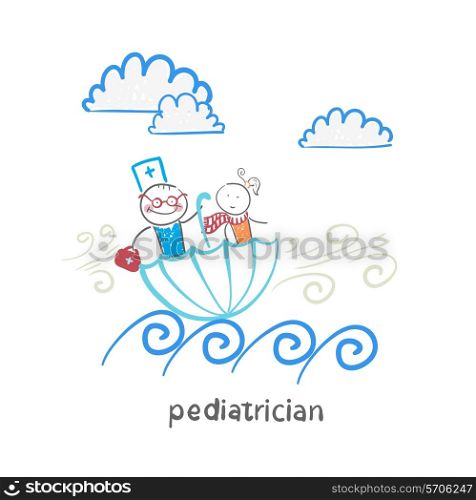 pediatrician with baby sitting in an umbrella and floats on the waves