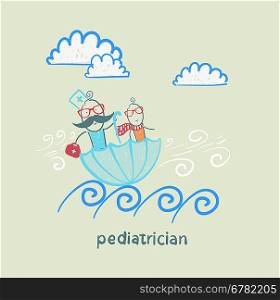 pediatrician with baby sitting in an umbrella and floats on the waves