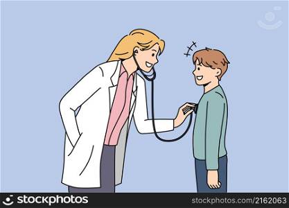 Pediatrician working in healthcare concept. Young smiling woman pediatrician standing and examining little boy patient with stethoscope vector illustration . Pediatrician working in healthcare concept.
